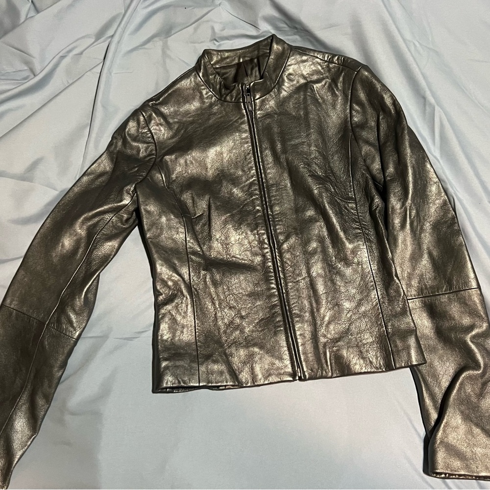 BCBG Shimmering Silver Leather Jacket